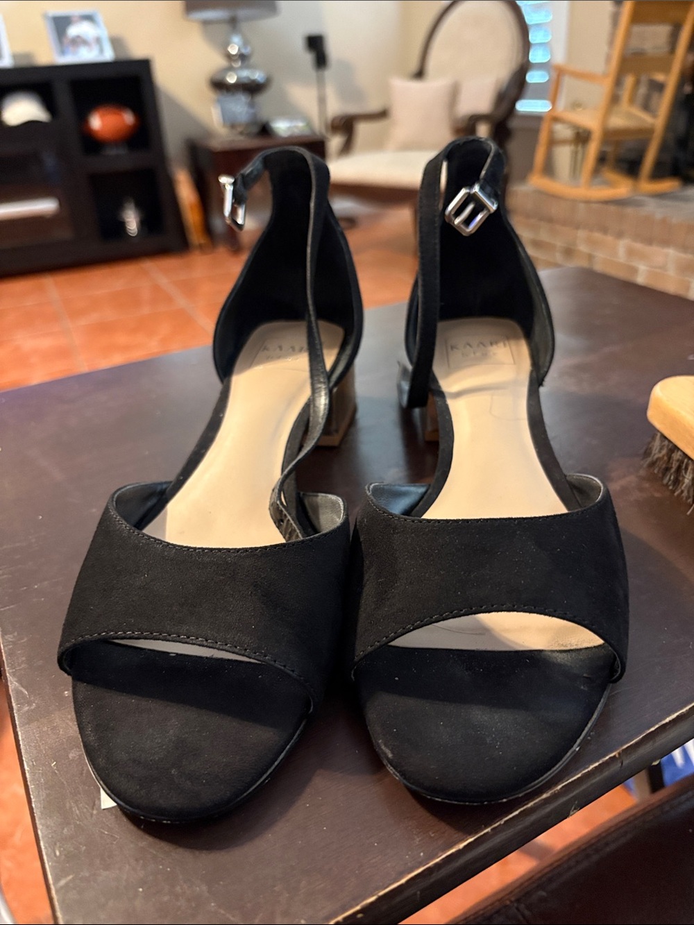 Kaanas Black Suede Open-Toe Ankle-Strap Block Heels